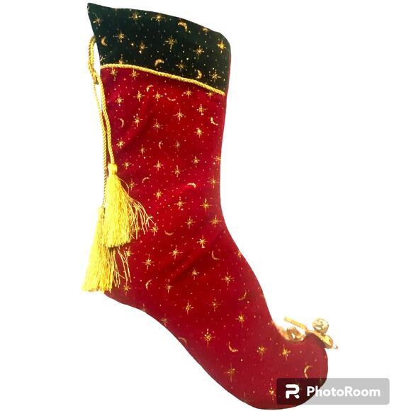 Elf Boot Christmas Stocking Velvet Vintage Embellished Lined Glitter Moon Star - Picture 1 of 6